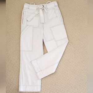Caara White Cotton High Waist Cargo Pants Contrast Exposed Navy Stitch Med, NWT